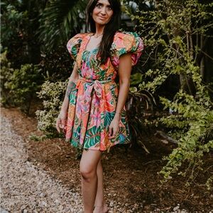 Tropical Print Puff Sleeve Mini Dress